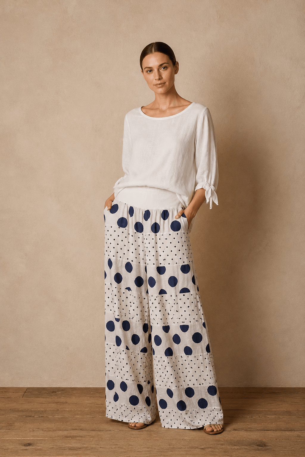 The Amaia Polka Dots Linen Top and Palazzo Pants Set- Anicoletta's Boutique | Fashion Forward Luxury Women's Clothing