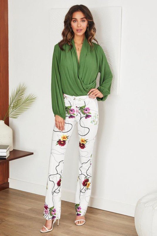 The Bouquet Print Flare Dress Pants Large / White/Bouquet Print / 90% Polyester 10% Spandex The Bouquet Print Flare Dress Pants Large / White/Bouquet Print / 90% Polyester 10% Spandex