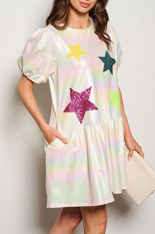 The Pearlescent Multi Stars Patch Mini Dress Medium / White / Polyester The Pearlescent Multi Stars Patch Mini Dress Medium / White / Polyester