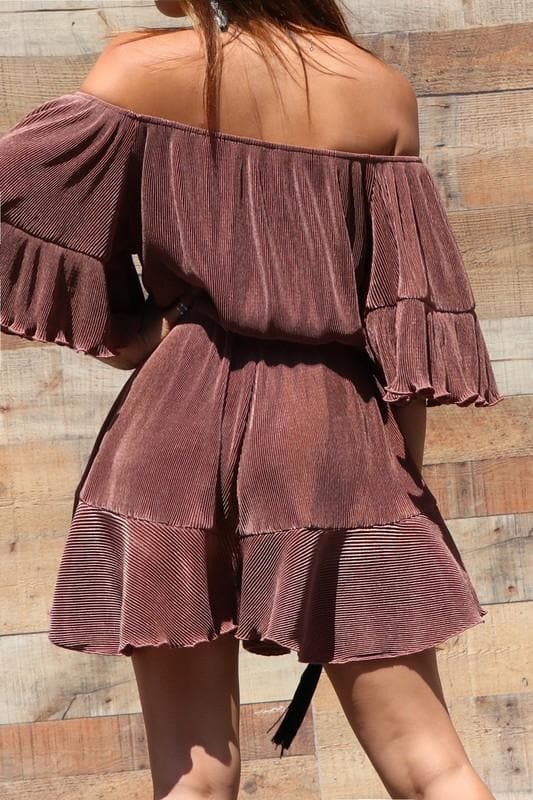 Pleated Off Shoulder Romper with Ruffled- Anicoletta's Boutique | Fashion Forward Luxury Women's Clothing