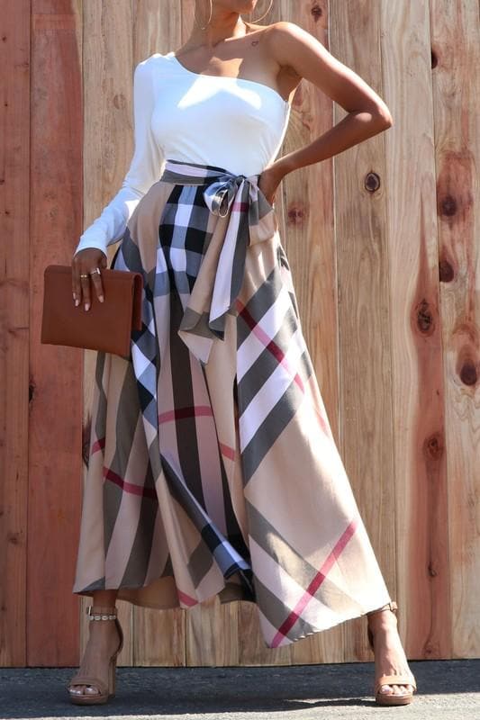 The One Shoulder Skirt Dress With Tie- Anicoletta's Boutique | Fashion Forward Luxury Women's Clothing