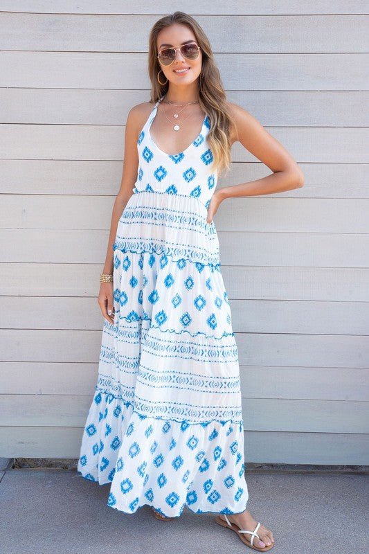 The Diamond Print Halter Maxi Dress - Anicoletta's Boutique | Timeless Small / White/Blue / 100% Cotton The Diamond Print Halter Maxi Dress - Anicoletta's Boutique | Timeless Small / White/Blue / 100% Cotton