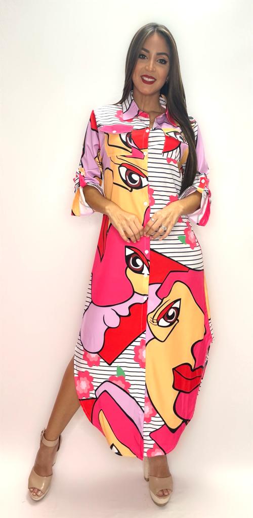 Face Print Collared Button Down Shirt Dress- Anicoletta's Boutique | Fashion Forward Luxury Women's Clothing