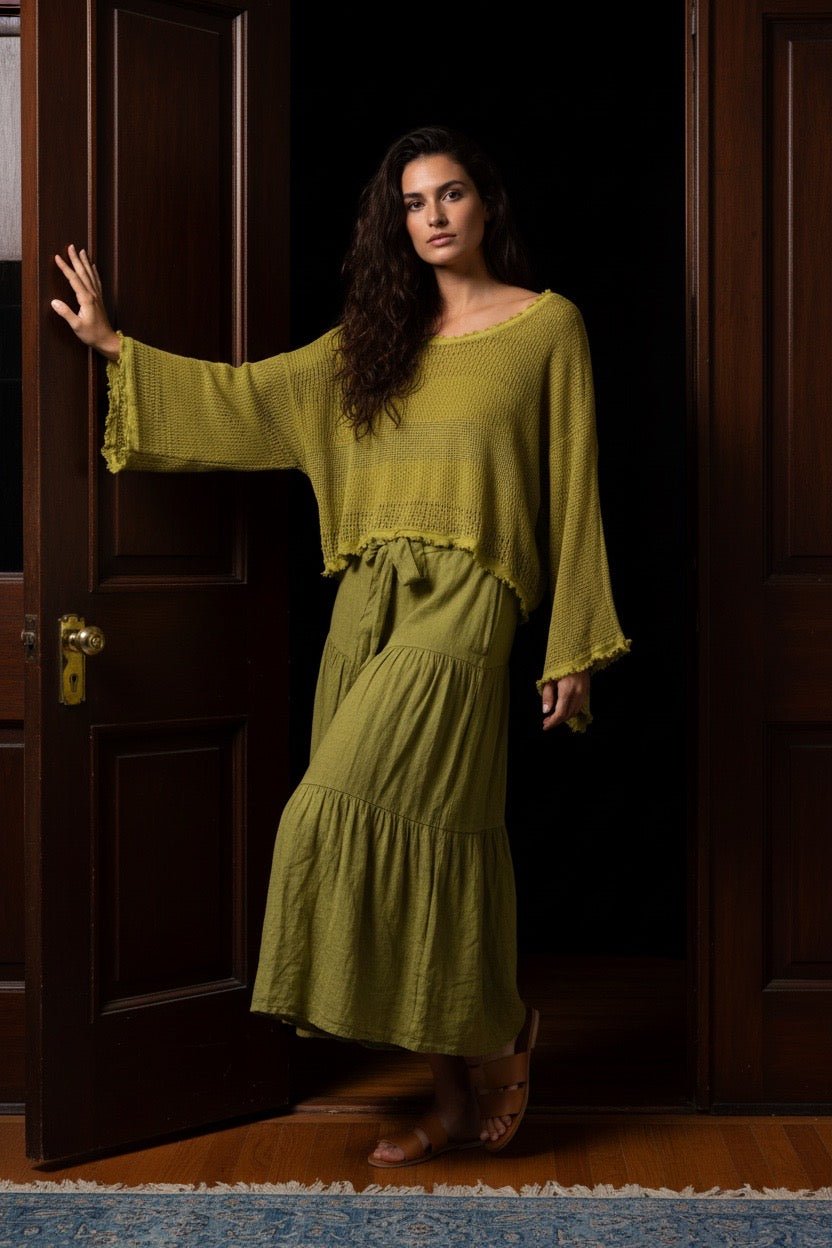 The Mesh Gauze Top and Wide Leg Tiered Linen Palazzo Pant Set- Anicoletta's Boutique | Fashion Forward Luxury Women's Clothing