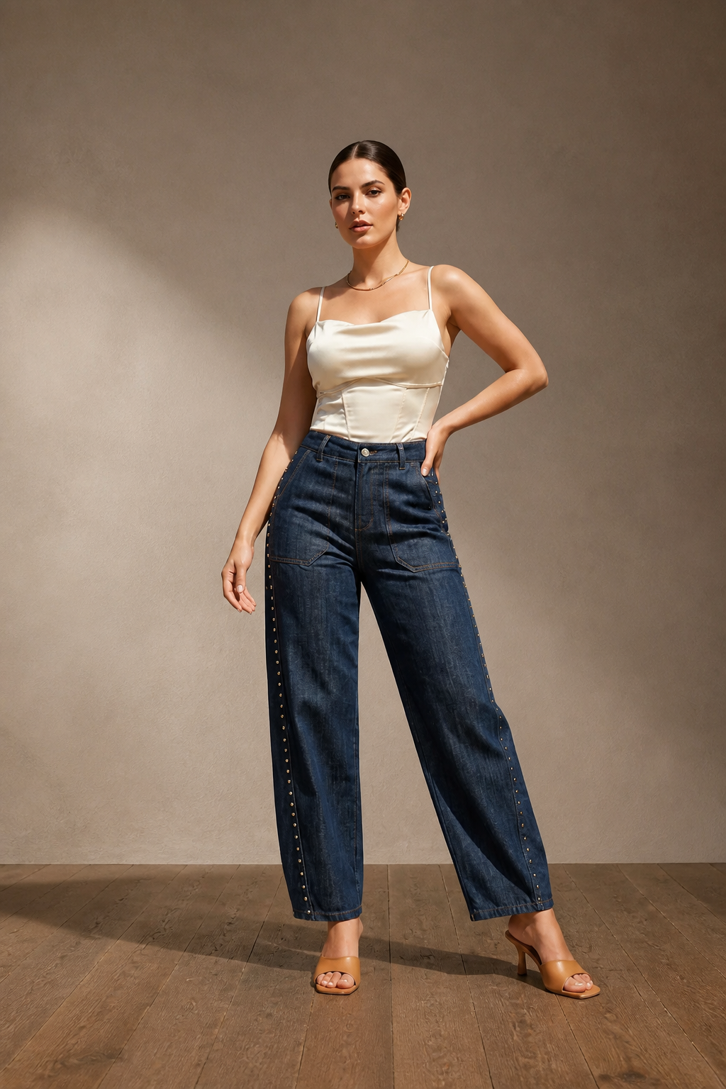The Silver Studs Barrel Style Italian Jeans- Anicoletta's Boutique | Fashion Forward Luxury Women's Clothing