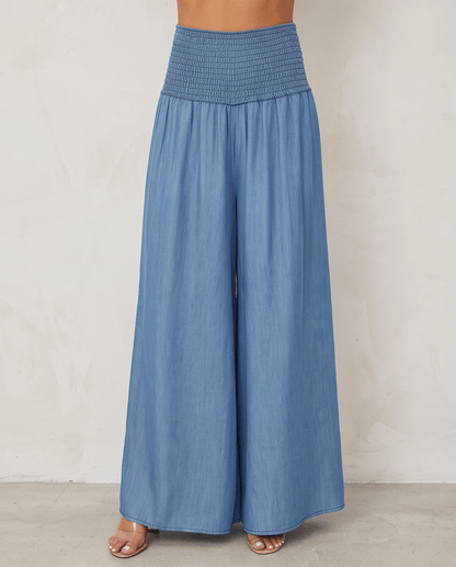 The Chambray Wide Leg Italian Pants- Anicoletta's Boutique | Fashion Forward Luxury Women's Clothing