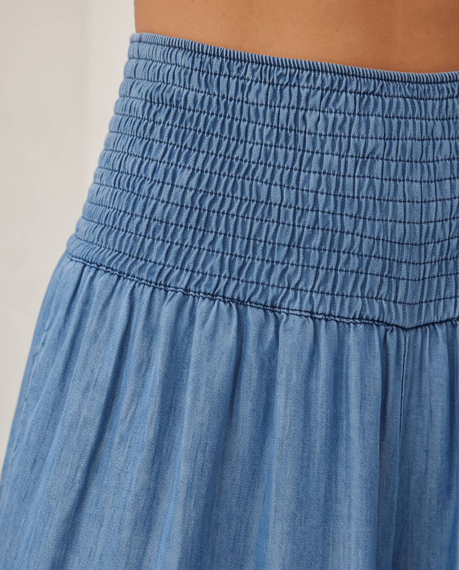 The Chambray Wide Leg Italian Pants- Anicoletta's Boutique | Fashion Forward Luxury Women's Clothing