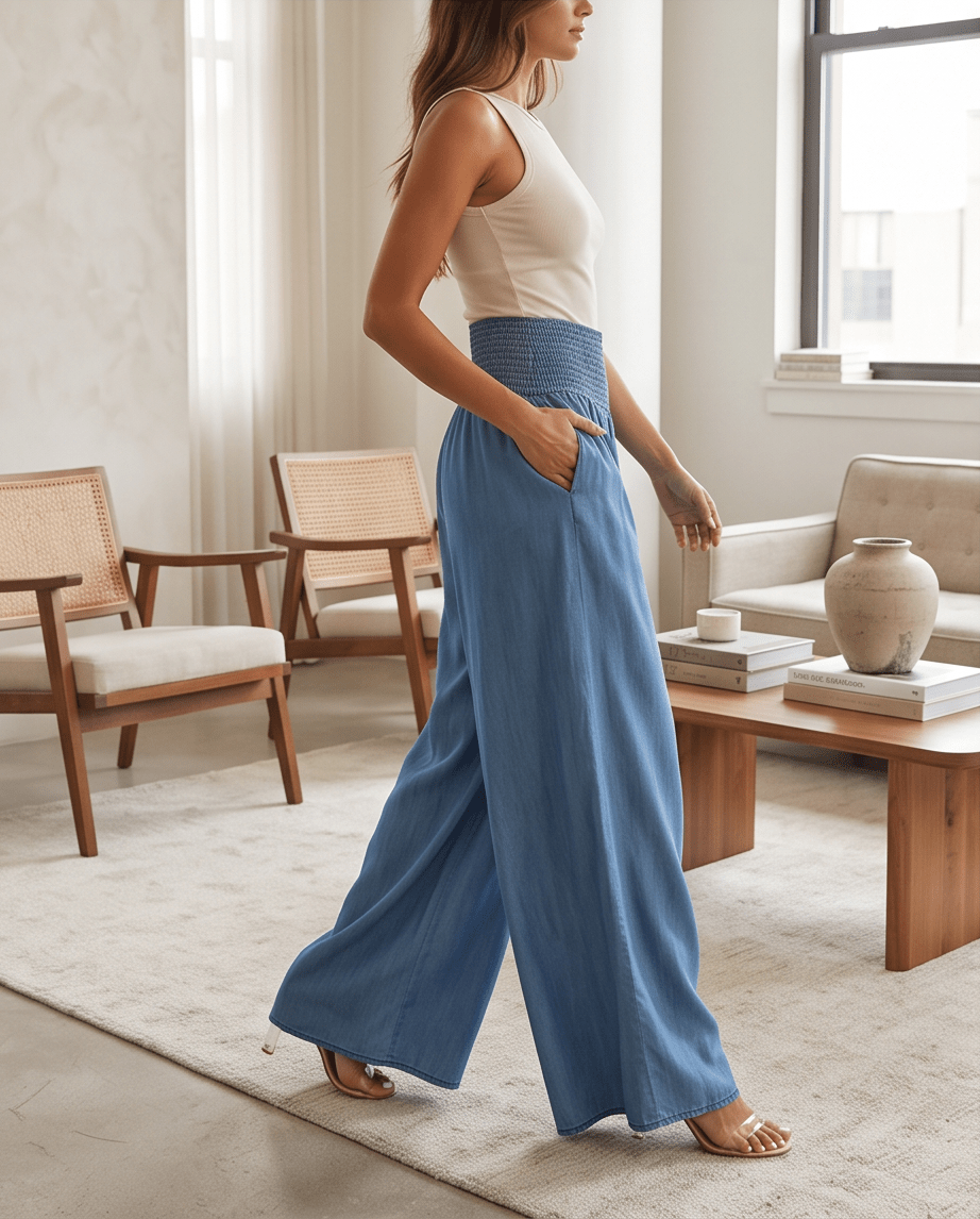 The Chambray Wide Leg Italian Pants- Anicoletta's Boutique | Fashion Forward Luxury Women's Clothing