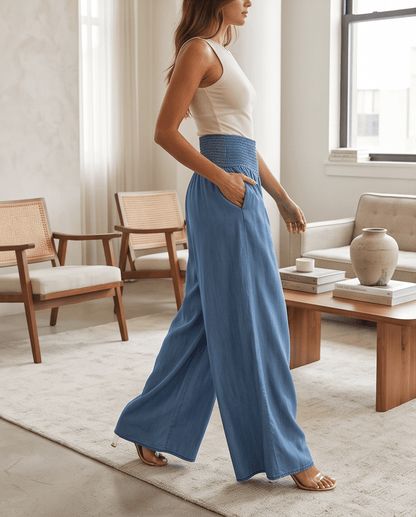 The Chambray Wide Leg Italian Pants- Anicoletta's Boutique | Fashion Forward Luxury Women's Clothing