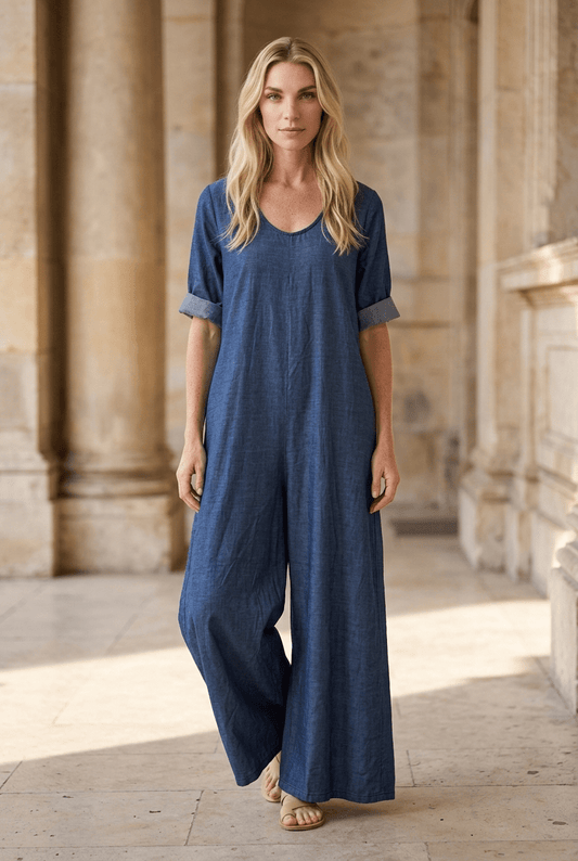 The Comfort Italian Palazzo Jumpsuit- Anicoletta's Boutique | Fashion Forward Luxury Women's Clothing