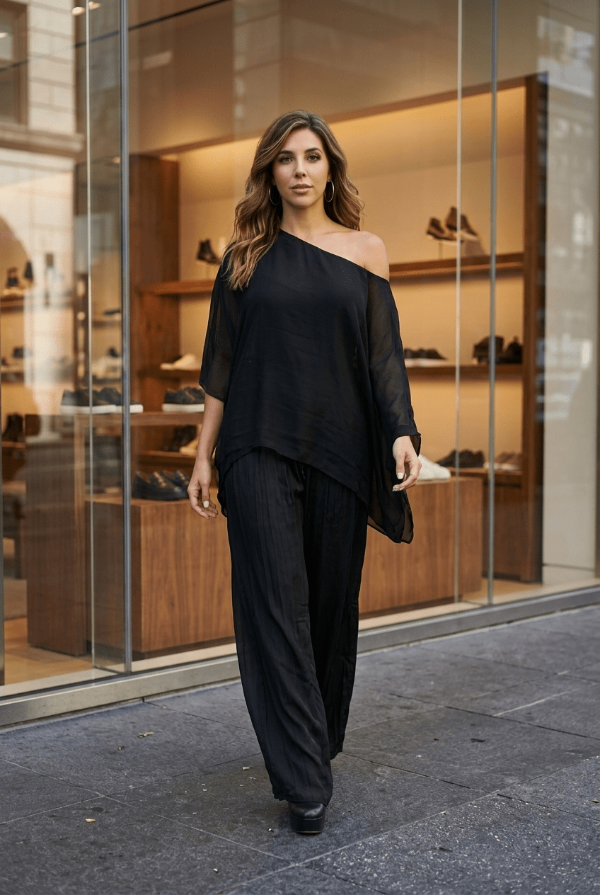 The Draped Oversized Blouse & Genie Silk Pant Set- Anicoletta's Boutique | Fashion Forward Luxury Women's Clothing