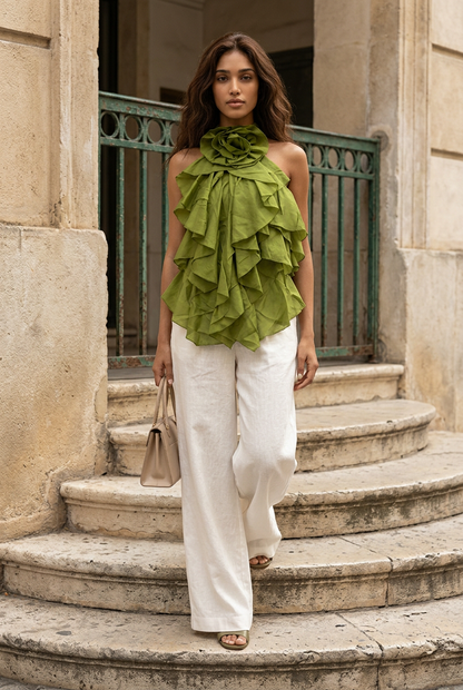 The Rosette Tier Ruffled Halter Top- Anicoletta's Boutique | Fashion Forward Luxury Women's Clothing