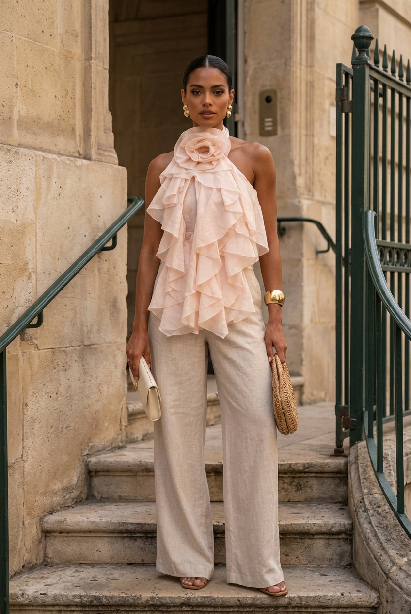 The Rosette Tier Ruffled Halter Top- Anicoletta's Boutique | Fashion Forward Luxury Women's Clothing