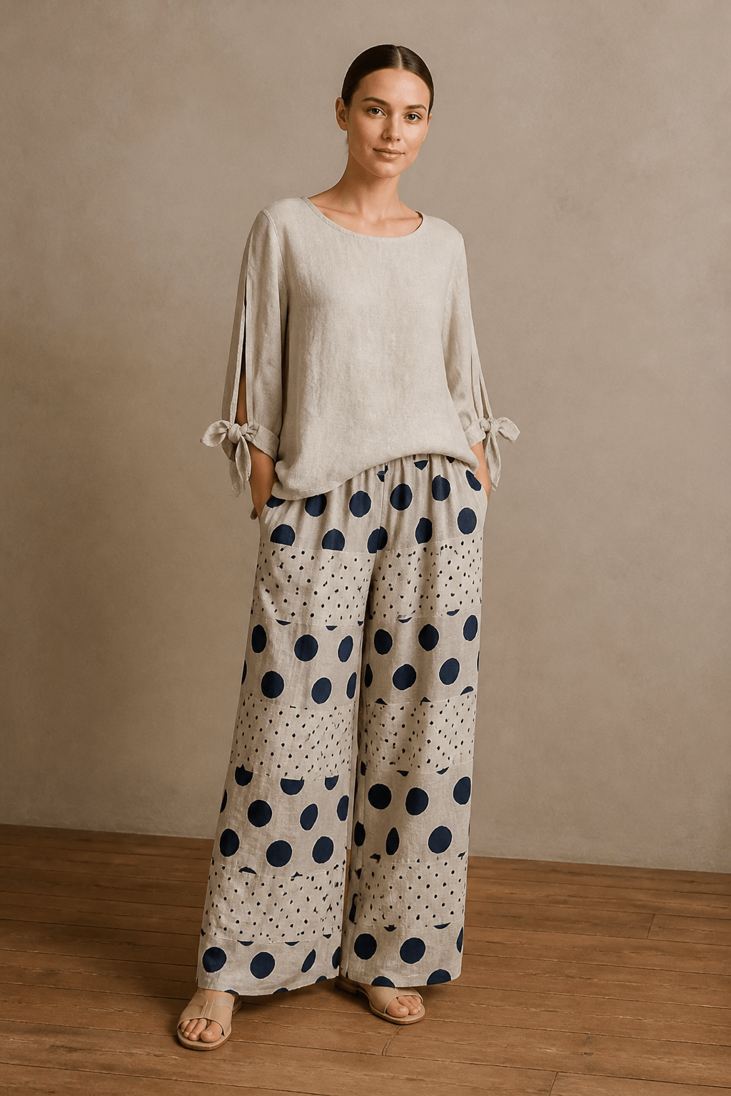 The Amaia Polka Dots Linen Top and Palazzo Pants Set- Anicoletta's Boutique | Fashion Forward Luxury Women's Clothing