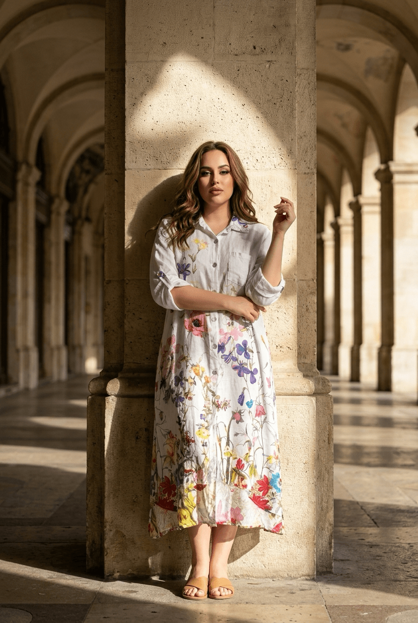 The Floral Print Italian Linen Button-Down Dress- Anicoletta's Boutique | Fashion Forward Luxury Women's Clothing