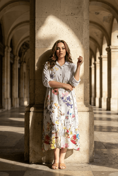 The Floral Print Italian Linen Button-Down Dress- Anicoletta's Boutique | Fashion Forward Luxury Women's Clothing