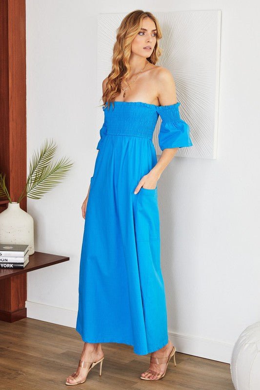 The Off Shoulder Smocked Maxi Linen Dress- Anicoletta's Boutique | Fashion Forward Luxury Women's Clothing