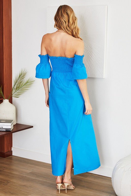 The Off Shoulder Smocked Maxi Linen Dress- Anicoletta's Boutique | Fashion Forward Luxury Women's Clothing