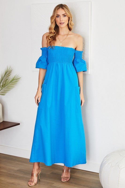 The Off Shoulder Smocked Maxi Linen Dress- Anicoletta's Boutique | Fashion Forward Luxury Women's Clothing