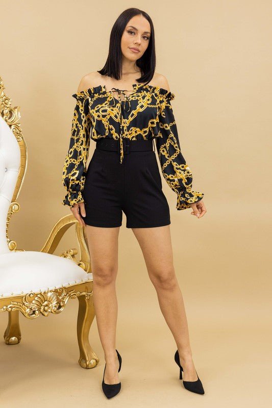The Chain Print Fashion Romper Black / 95% Cotton 5% Spandex / Medium The Chain Print Fashion Romper Black / 95% Cotton 5% Spandex / Medium