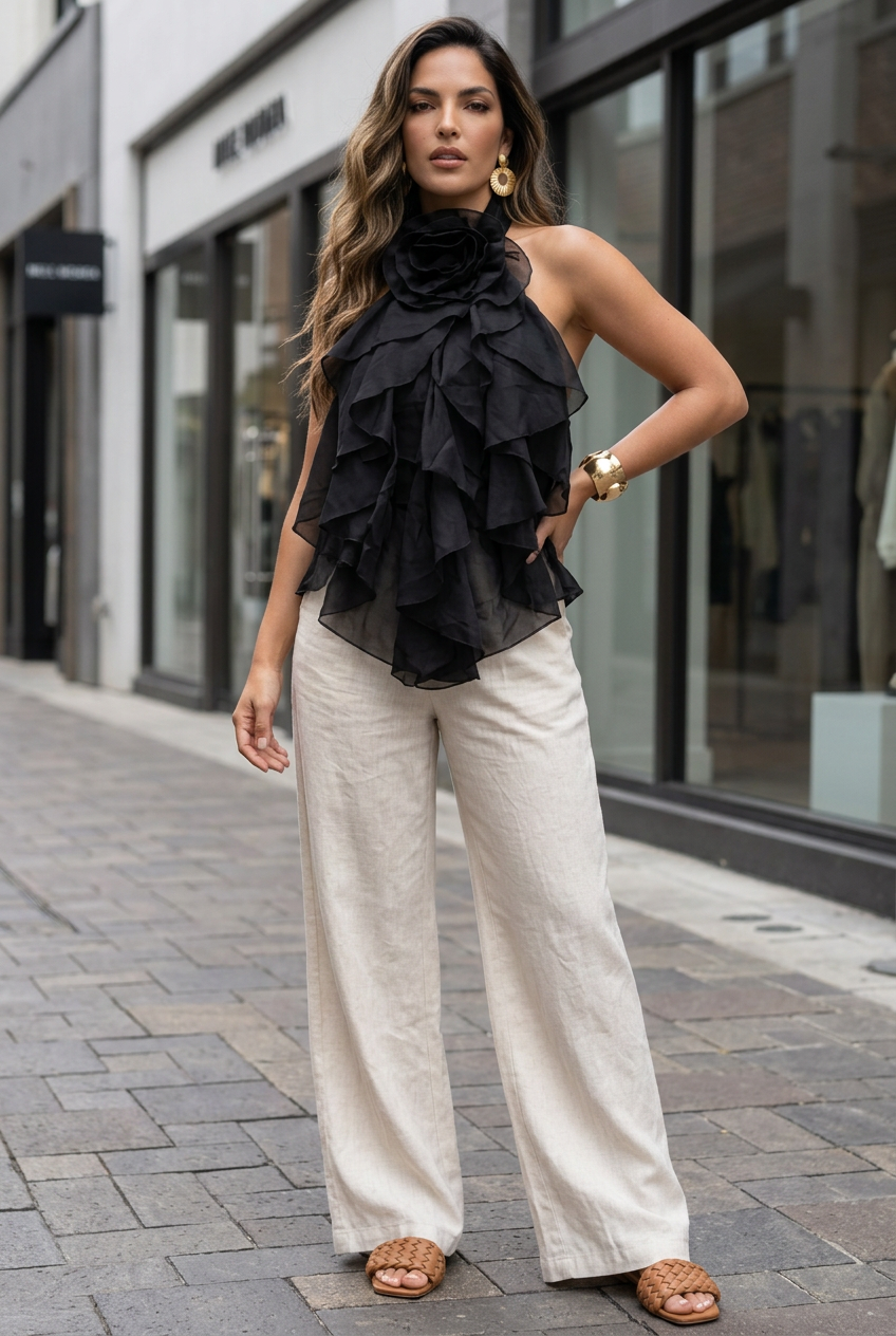 The Rosette Tier Ruffled Halter Top- Anicoletta's Boutique | Fashion Forward Luxury Women's Clothing