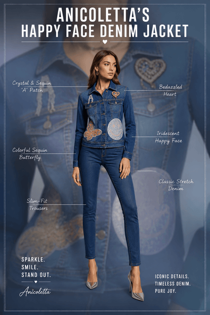 The Anicoletta’s Happy Face Denim Jacket- Anicoletta's Boutique | Fashion Forward Luxury Women's Clothing