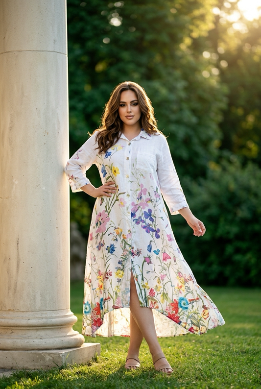 The Floral Print Italian Linen Button-Down Dress- Anicoletta's Boutique | Fashion Forward Luxury Women's Clothing