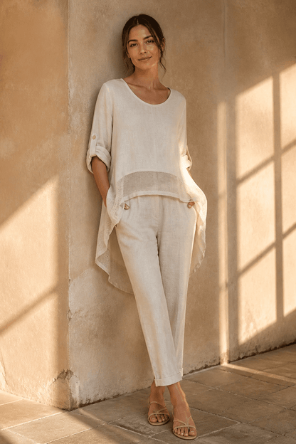 The Summer Italian Linen Hi Low Blouse- Anicoletta's Boutique | Fashion Forward Luxury Women's Clothing