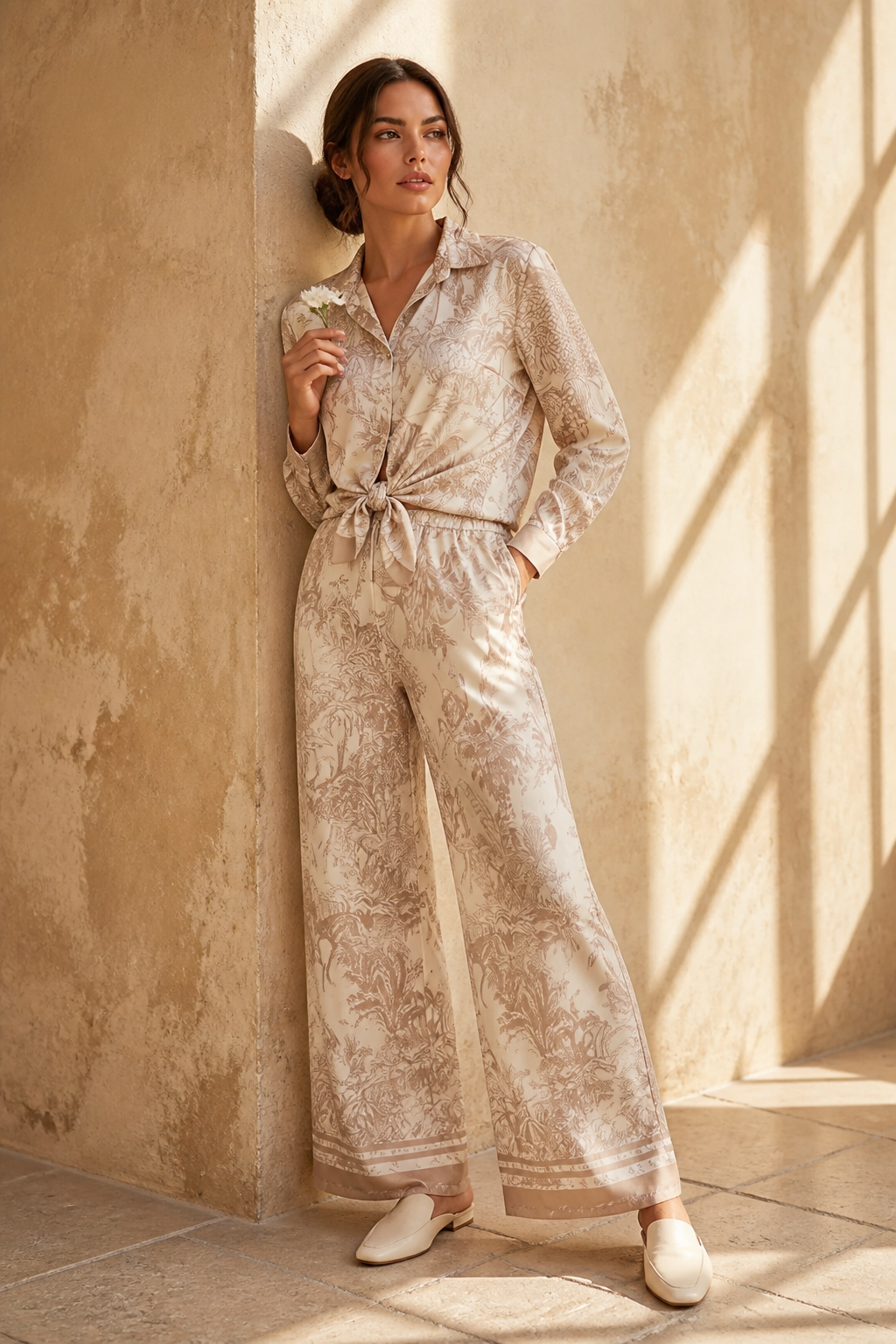 The Tropical Italian Satin Blouse and Pants' Set