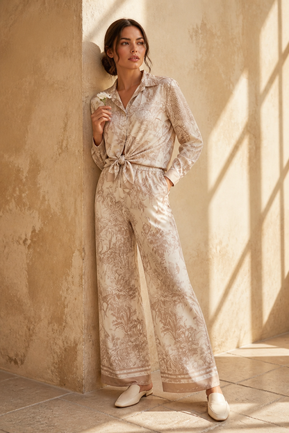 The Tropical Italian Satin Blouse and Pants' Set