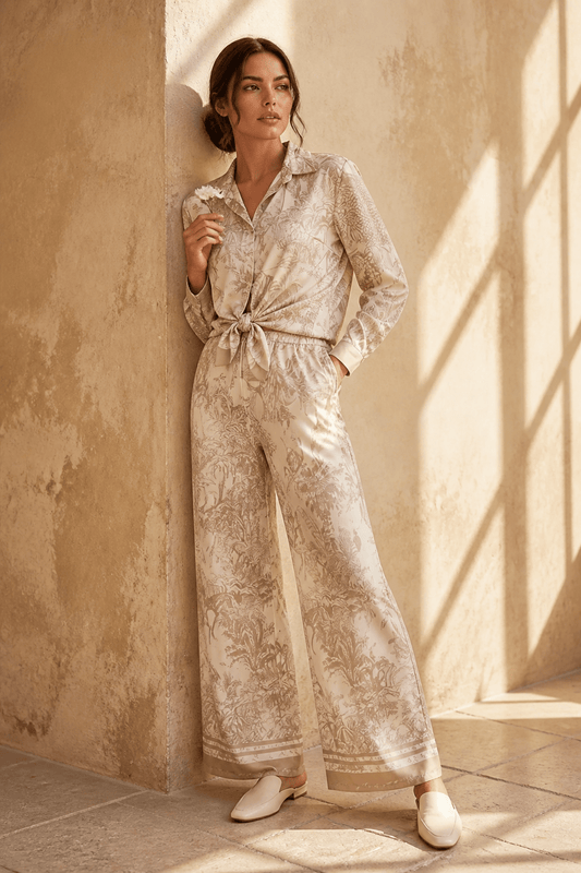 The Tropical Italian Satin Blouse and Pants' Set- Anicoletta's Boutique | Fashion Forward Luxury Women's Clothing