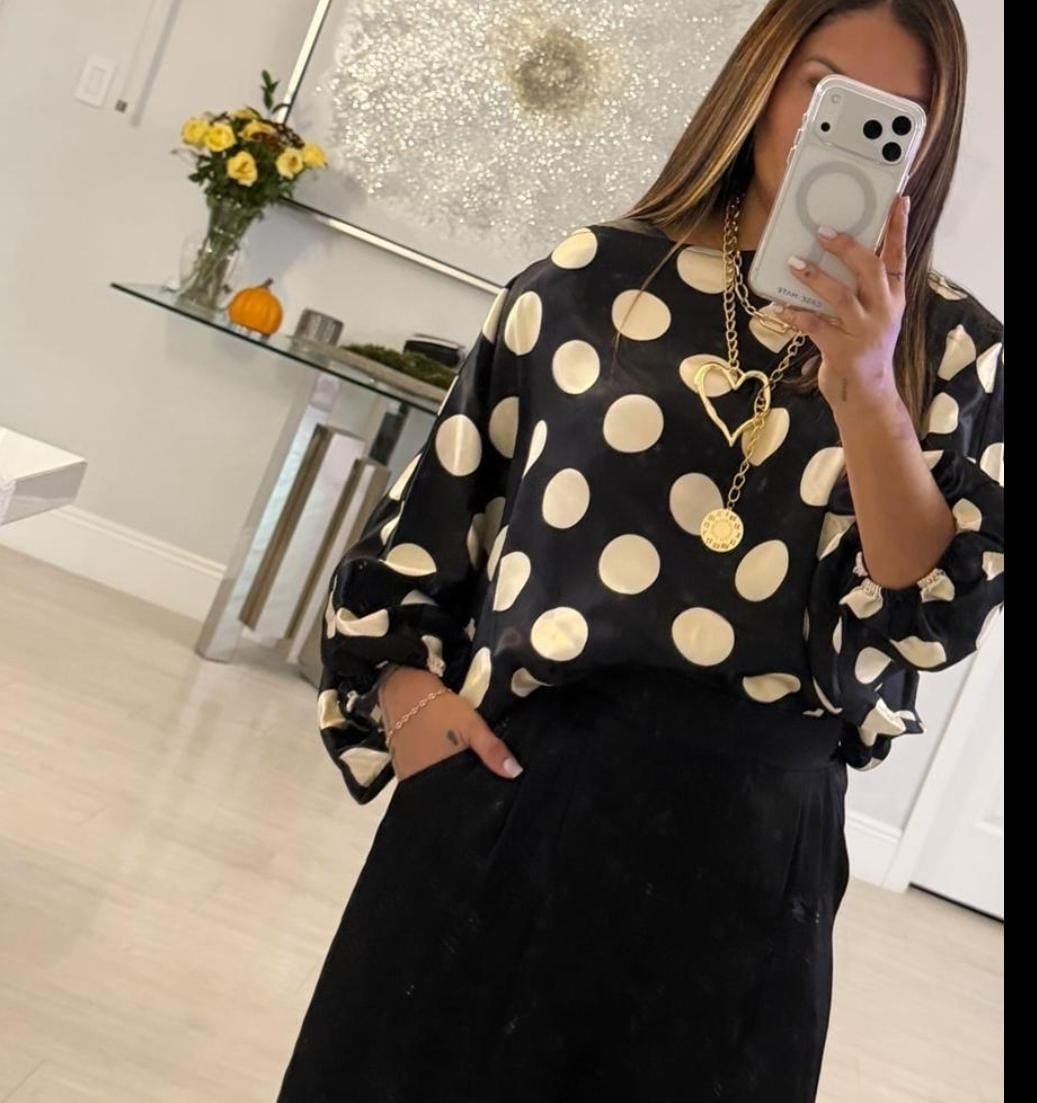 The Satin Polka Dots Satin Italian Blouse- Anicoletta's Boutique | Fashion Forward Luxury Women's Clothing