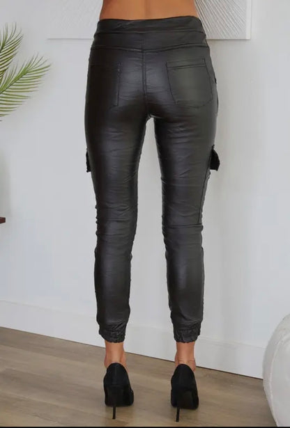 The Everyday PU Crinkle Cargo Jogger Pants- Anicoletta's Boutique | Fashion Forward Luxury Women's Clothing