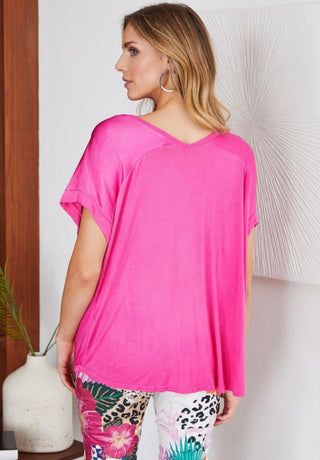 The Silk Combo V-Neck Short Sleeve Top- Anicoletta's Boutique | Fashion Forward Luxury Women's Clothing