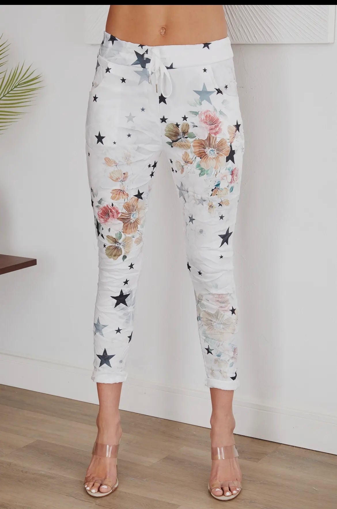 The Stars and Vivid Flowers Print Italian Joggers- Anicoletta's Boutique | Fashion Forward Luxury Women's Clothing