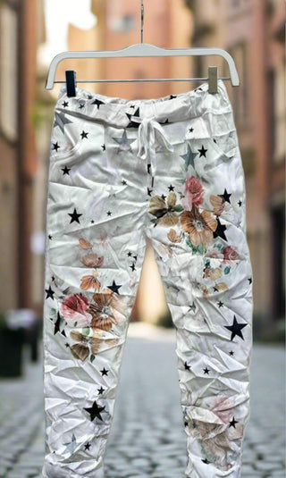 The Stars and Vivid Flowers Print Italian Crinkle Joggers- Anicoletta's Boutique | Fashion Forward Luxury Women's Clothing