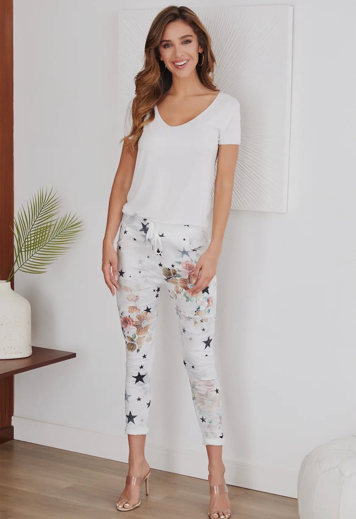 The Stars and Vivid Flowers Print Italian Joggers- Anicoletta's Boutique | Fashion Forward Luxury Women's Clothing