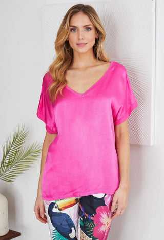 The Silk Combo V-Neck Short Sleeve Top- Anicoletta's Boutique | Fashion Forward Luxury Women's Clothing