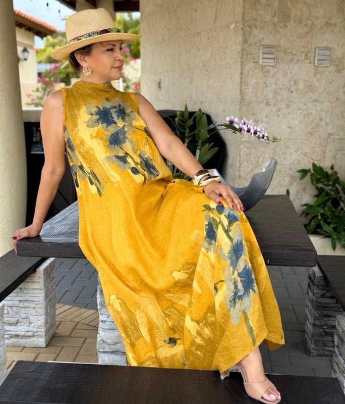 yellow linen halter dress Mustard Yellow Linen Dress, Halter Neck Bow Tie, Sleeveless Sheath