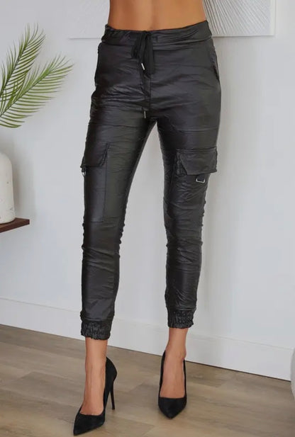 The Everyday PU Crinkle Cargo Jogger Pants- Anicoletta's Boutique | Fashion Forward Luxury Women's Clothing