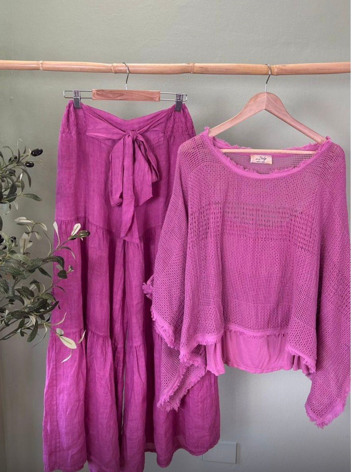 The Mesh Gauze Top and Wide Leg Tiered Linen Palazzo Pant Set- Anicoletta's Boutique | Fashion Forward Luxury Women's Clothing