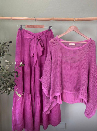 The Mesh Gauze Top and Wide Leg Tiered Linen Palazzo Pant Set- Anicoletta's Boutique | Fashion Forward Luxury Women's Clothing