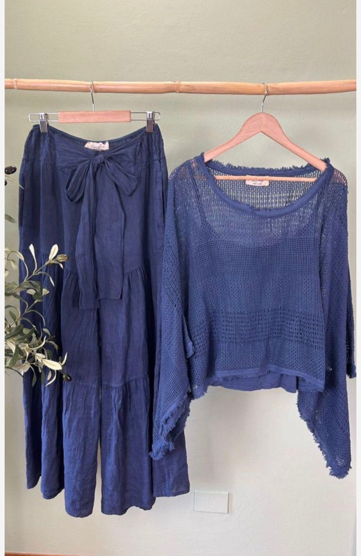 The Mesh Gauze Top and Wide Leg Tiered Linen Palazzo Pant Set- Anicoletta's Boutique | Fashion Forward Luxury Women's Clothing