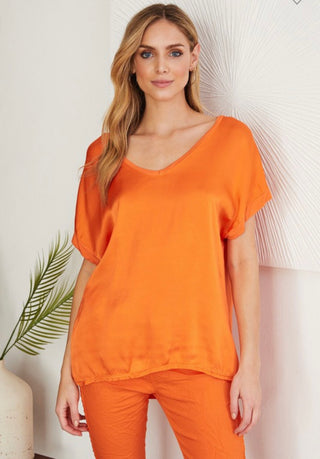 The Silk Combo V-Neck Short Sleeve Top- Anicoletta's Boutique | Fashion Forward Luxury Women's Clothing