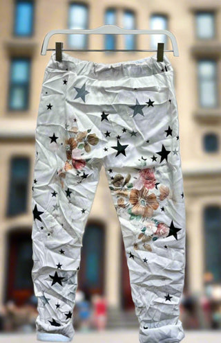 The Stars and Vivid Flowers Print Italian Crinkle Joggers- Anicoletta's Boutique | Fashion Forward Luxury Women's Clothing