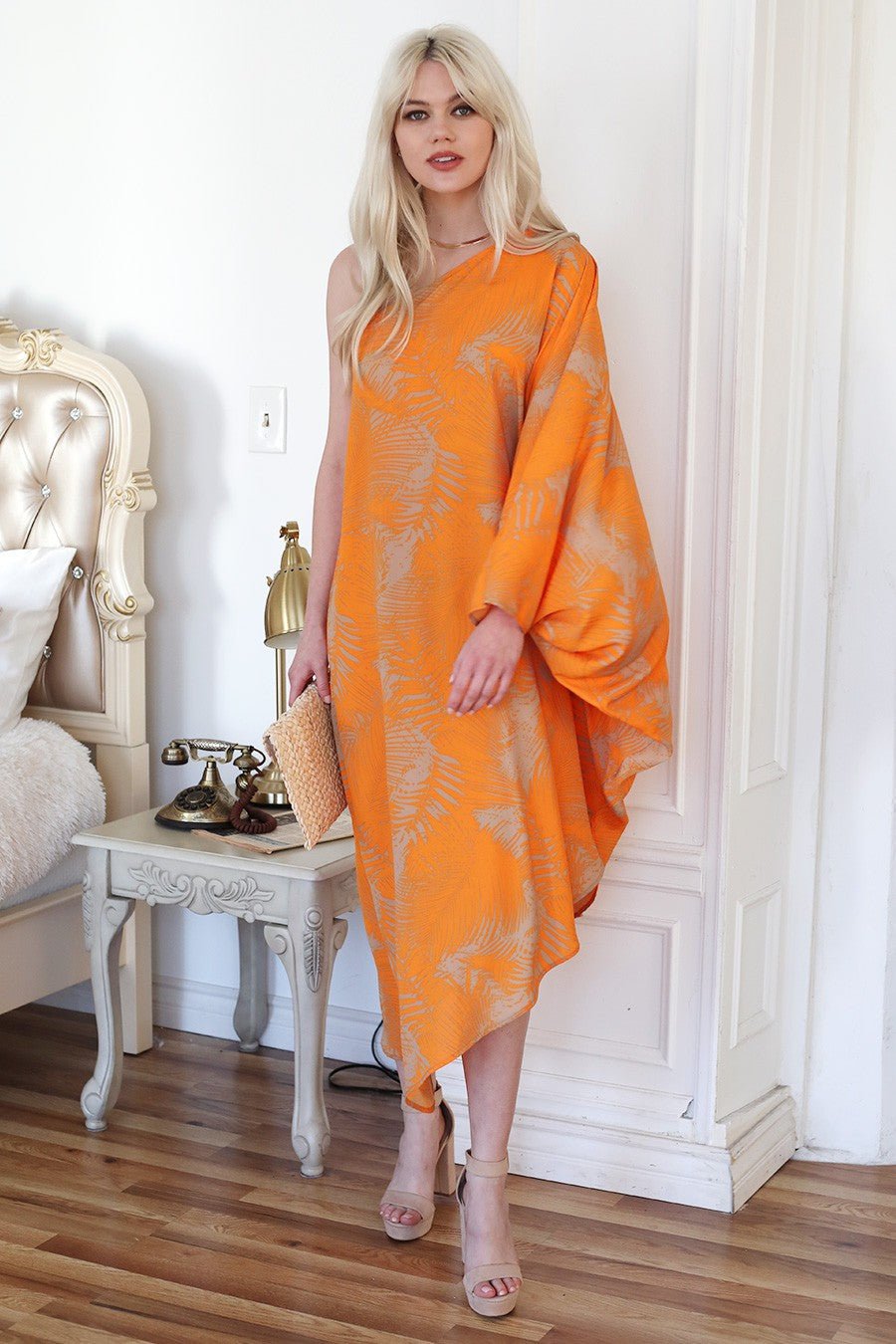 The Halia Leaf Asymmetrical One Sleeve Dress- Anicoletta's Boutique | Fashion Forward Luxury Women's Clothing