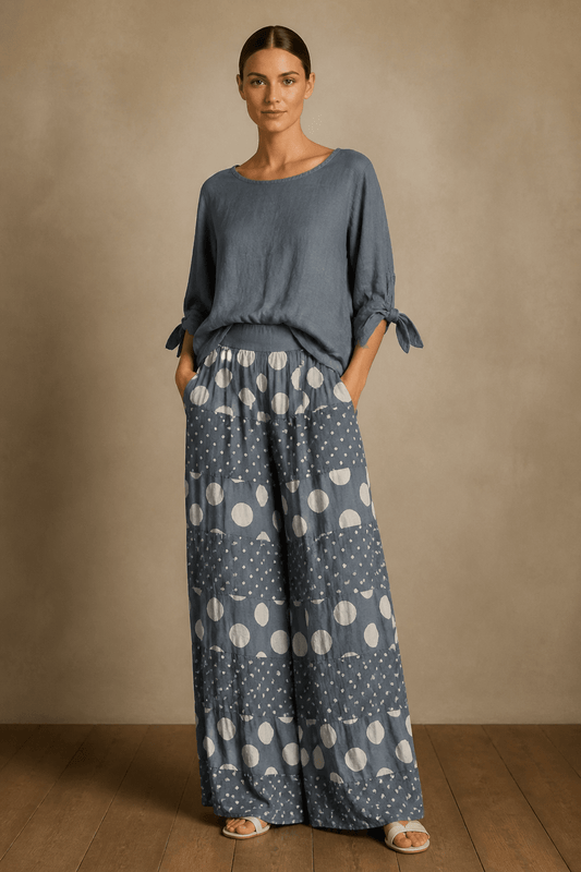 The Amaia Polka Dots Linen Top and Palazzo Pants Set- Anicoletta's Boutique | Fashion Forward Luxury Women's Clothing