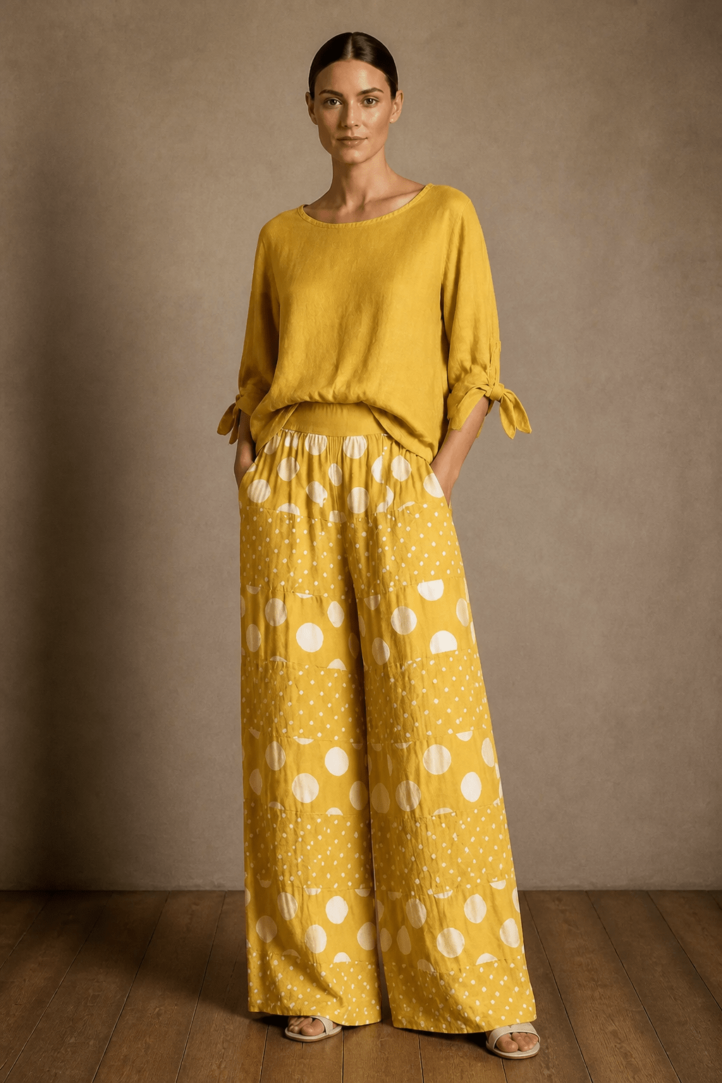 The Amaia Polka Dots Linen Top and Palazzo Pants Set- Anicoletta's Boutique | Fashion Forward Luxury Women's Clothing