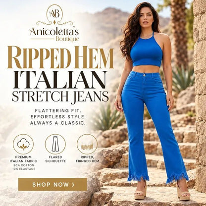 The Ripped Hem Italian Stretch Jeans- Anicoletta's Boutique | Fashion Forward Luxury Women's Clothing