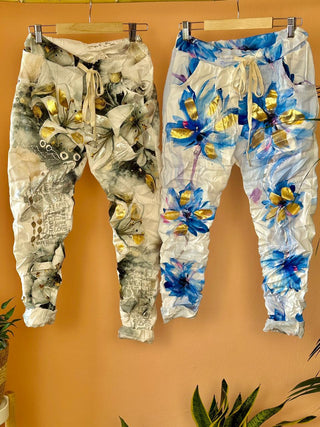 The Bright Flowers Crinkle Italian Joggers- Anicoletta's Boutique | Fashion Forward Luxury Women's Clothing